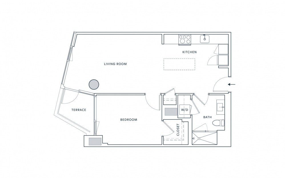 Residence 8 - 1 bedroom floorplan layout with 1 bath and 709 square feet.