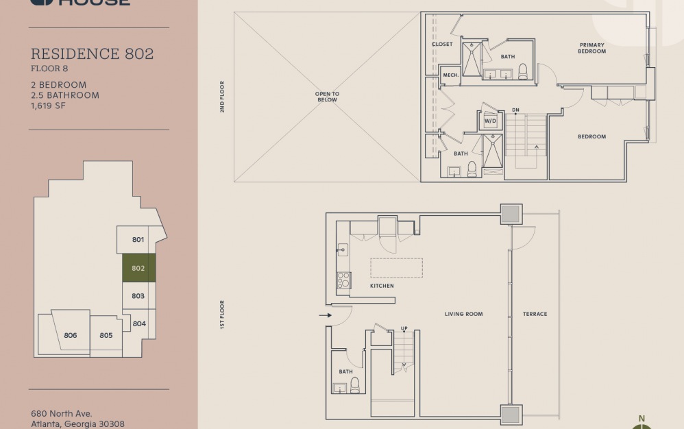 Residence 802 - 2 bedroom floorplan layout with 2.5 baths and 1619 square feet. (Floor 2)